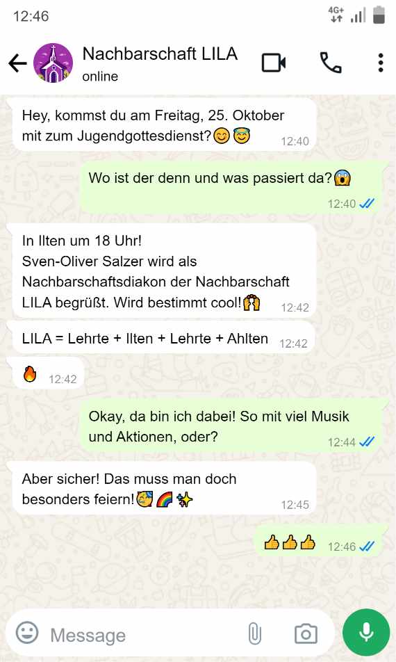 Whatsapp-Chat mit Einladung zum Gottesdienst